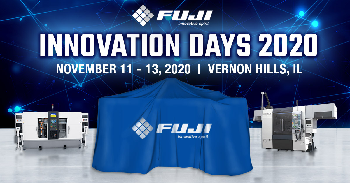 Fuji Innovation Days 2020 banner with three machines, one covered in a drape